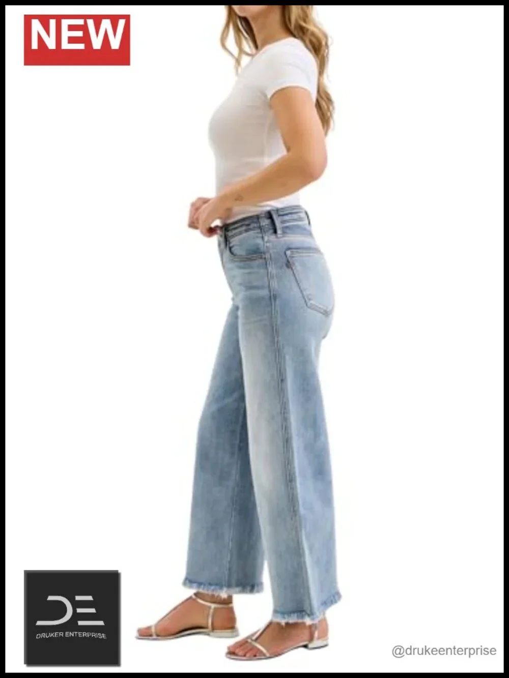 Mid Rise Ankle Wide Leg Jeans with Hollywood Waistband and Frayed Hem